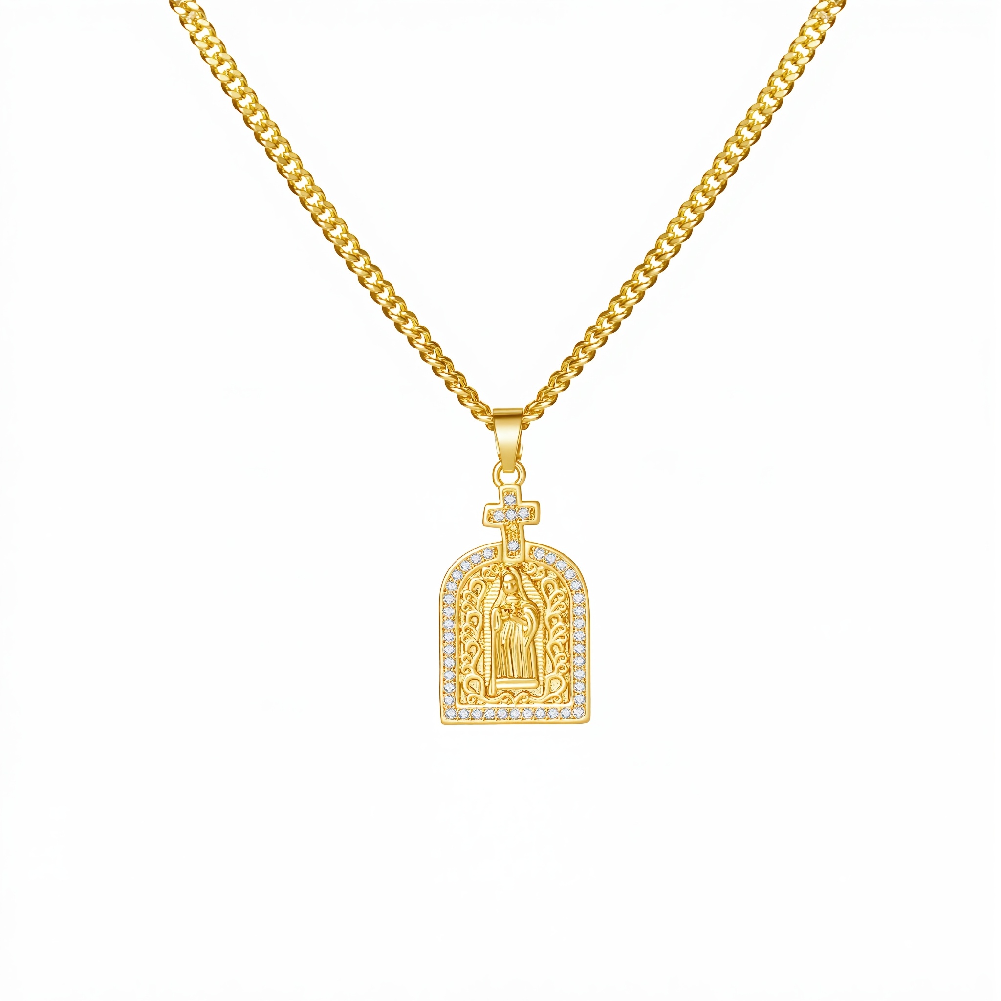 18K Gold Plated Virgin Cross Necklace with Zircon